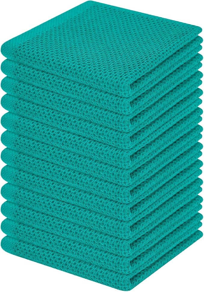 Homaxy 100% Cotton Waffle Weave Kitchen Dish Cloths, Ultra Soft Absorbent Quick Drying Dish Towels, 12 x 12 Inches, 12-Pack, Teal