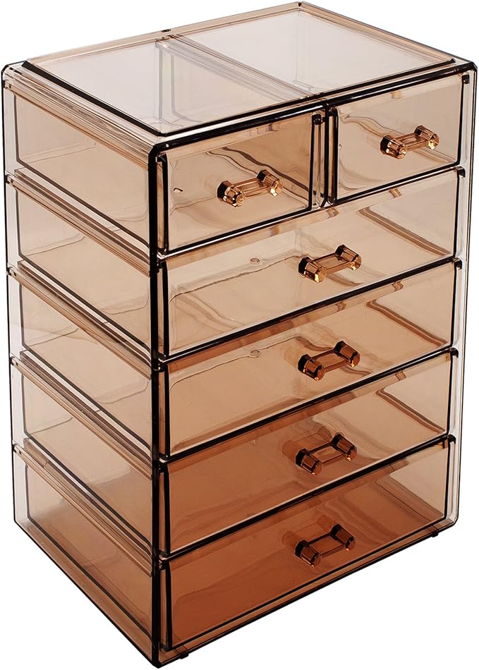 Sorbus Acrylic Makeup Organizer Set, 6-Drawer Vanity & Countertop Cosmetic Storage with Small & Wide Drawers, Bronze Glow Makeup Storage for Brushes