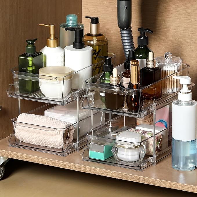 2 Tier Clear Organizer with Dividers for Cabinet, Shlef, Counter