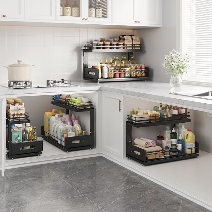 Under Sink Organizer Upgrade To Professional Rails,2-Tier Dual Pull Out Cabinet Storage,Height Adjustable Slide Out Drawers For Bathroom Kitchen