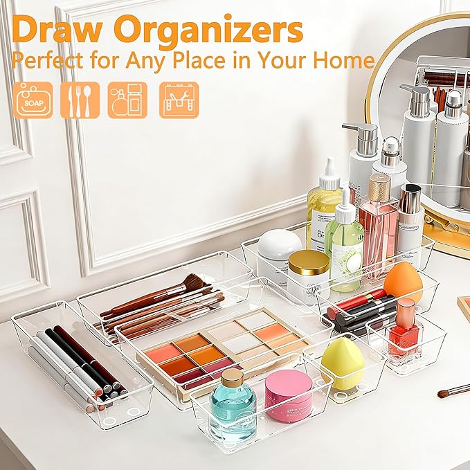 25 Pcs Clear Plastic Drawer Organizer Set, 4 Sizes Versatile Bathroom and Vanity Organizer Trays for Makeup, Non-Slip Desk Organizer for Bedroom, Office, Fits Jewelry and Office Supplies