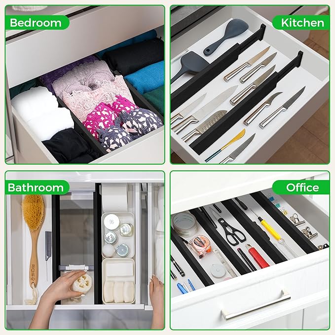 4 Pack Bamboo Kitchen Drawer Dividers 2.6" High, Adjustable from 12 Inch to 17 Inch Drawer Organizers, Expandable Drawer Separators for Clothes, Bedroom, Dresser, Office (Black)