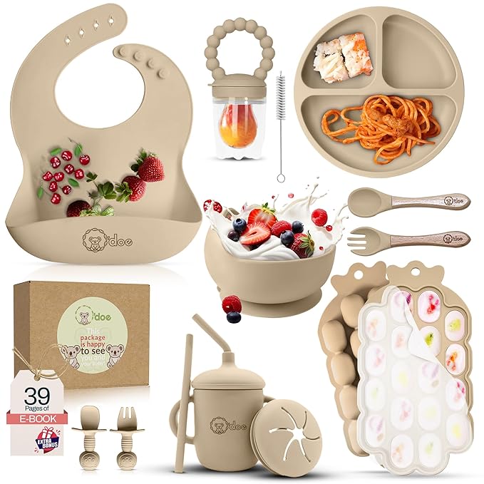 O'doe Baby Weaning Set – 15 Pcs Silicone Baby Feeding Set with Suction Plate, Bowl, Bib, Sippy Cup, Fruit Feeder & Freezer Tray – Baby Plates and Bowls Set for 3M+ | BPA-Free Baby Dishes & Utensils