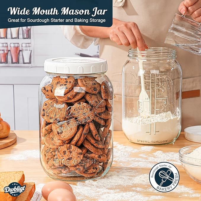 2 Pack Wide Mouth Mason Jars with Airtight Lid and Silicone Ring - 1 Gallon Large Glass Containers for Food Storage like Flour Sugar, Sun Tea, Kombucha, Refrigerator Safe Fermentation Jar