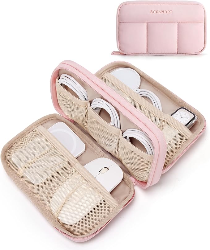 BAGSMART Electronics Organizer Travel Case, Cord Storage for Chargers Cables Phones, Compact Tech Accessories Pouch, Pink