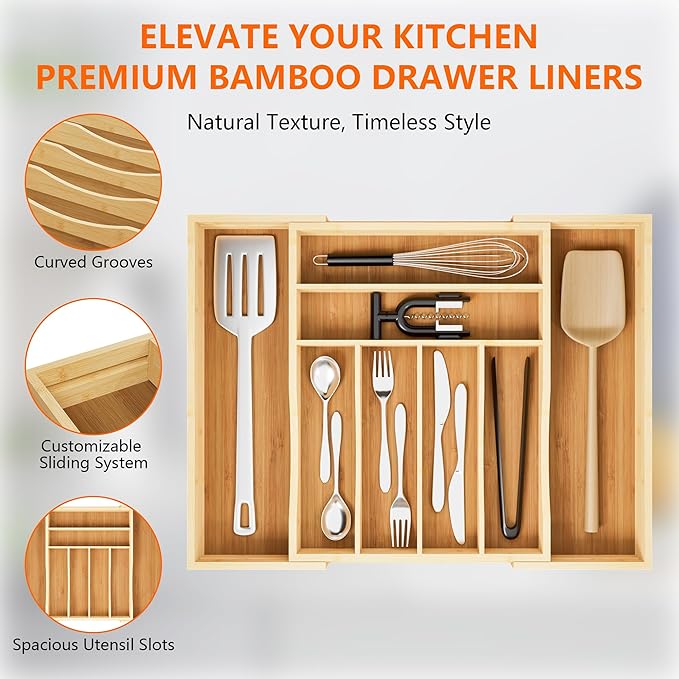 Bamboo Expandable Drawer Organizer Tray with Dividers, Adjustable Kitchen Flatware Organizers for Utensils & Silverware, 6-8 Slots Curved Groove Storage (Natural)