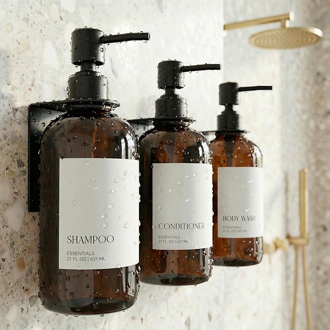 Stylish Shampoo and Conditioner Dispenser Set of 3 for Wall Mount - Modern Drill Free 21oz Shower Soap Bottles with Labels - Easy Refill Body Wash Dispensers for an Instant Bathroom Decor Upgrade