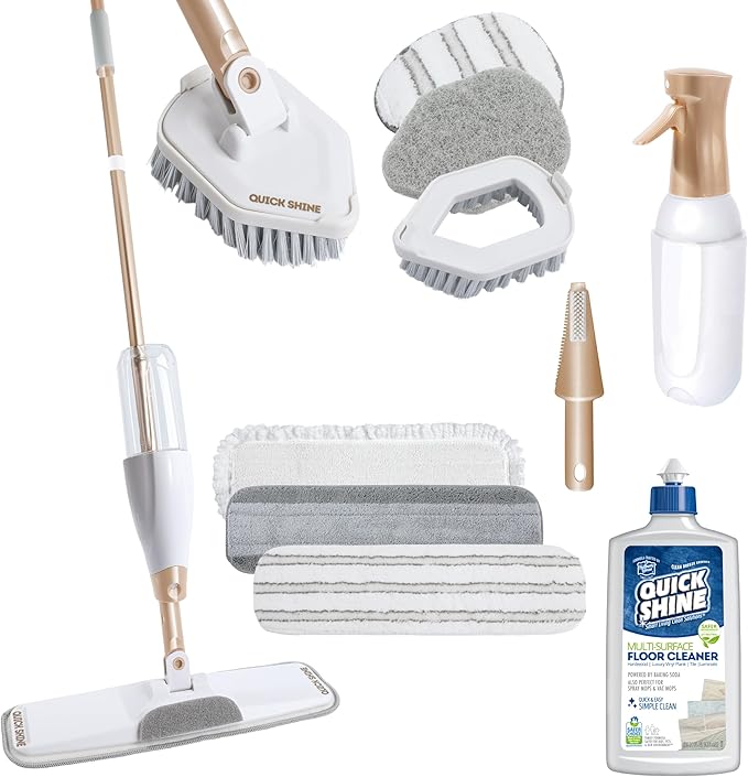 Quick Shine Ultimate Gold Spray Mop Kit | All-in-One 11 Pc Kit w/ Interchangeable Attachments | Floor Cleaner Included | No Batteries Needed | Pro Cleaning System for All Floor Types | 2-in-1 Mop