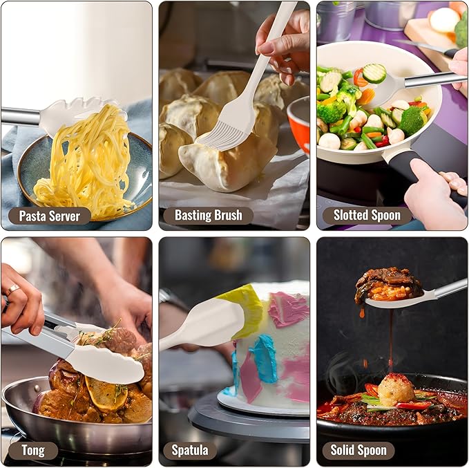 E-far 14 Pieces Silicone Cooking Utensils Set, Kitchen Utensils Set with Holder, Spatula, Ladle, Spoon, Tong, Slotted Turner for Nonstick Cookware, Heat Resistant & Stainless Steel Handle, Khaki