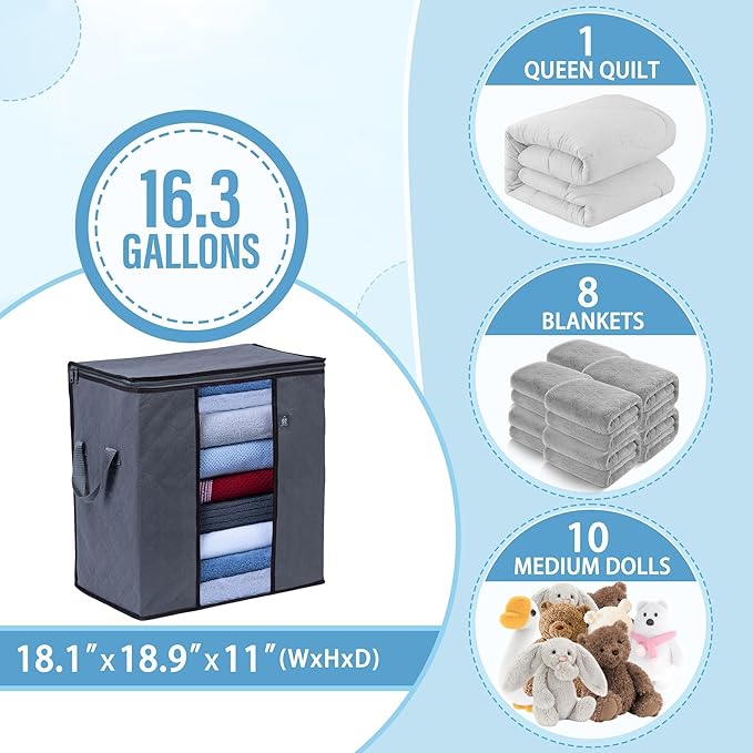 VENO 3 Pack Clothes Storage Bag Organizer with Reinforced Handle Thick Fabric for Comforters, Blankets, Bedding, Foldable with Sturdy Zipper, Clear Window, Reusable (Tall 16.3 Gallon)