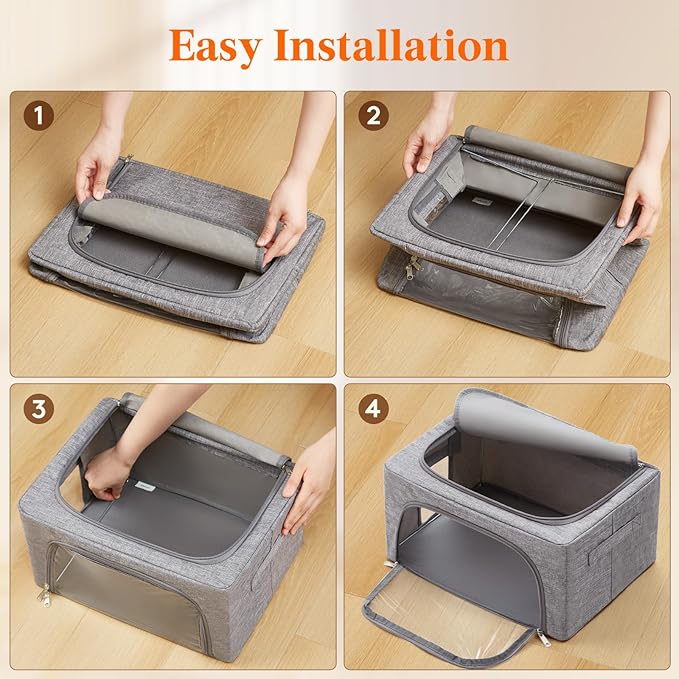 Lifewit Clothes Storage Bins with Metal Frame, Stackable Storage Box, Foldable Clothing Storage Bins with Lids, 40L Storage Bags Fabric Box Organizer with Clear Window＆ Zippers＆ Sturdy Handles 8 Pack