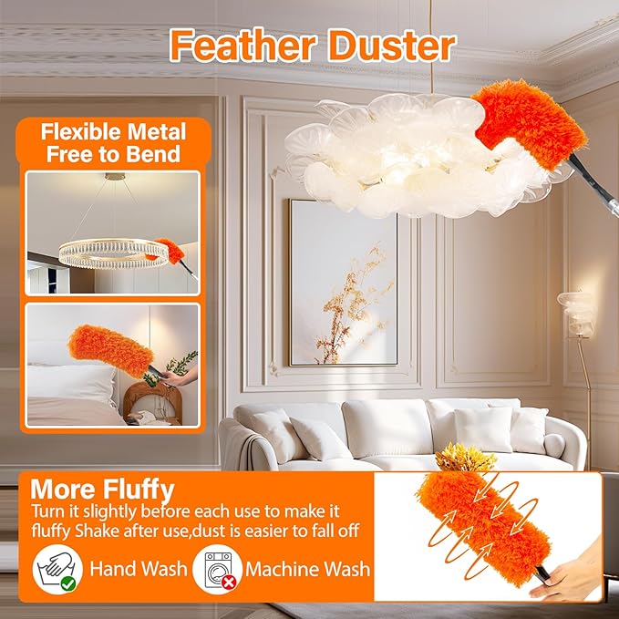 26FT High Reach Duster Cleaning Kit with 5-20 FT Extension Pole,High Ceiling Dusting and Window Cleaning Kit with Microfiber Feather Duster,Cobweb Duster,Ceiling Fan Duster,Window Squeegee Cleaner
