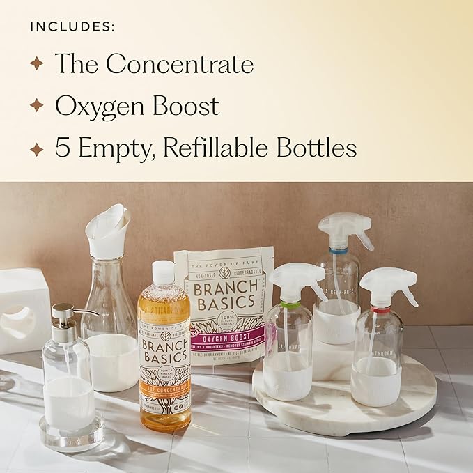 Branch Basics Premium Starter Kit in Glass: All Purpose Cleaner, Glass Cleaner, Bathroom Cleaner, Wash Bottle, and Laundry Bottle