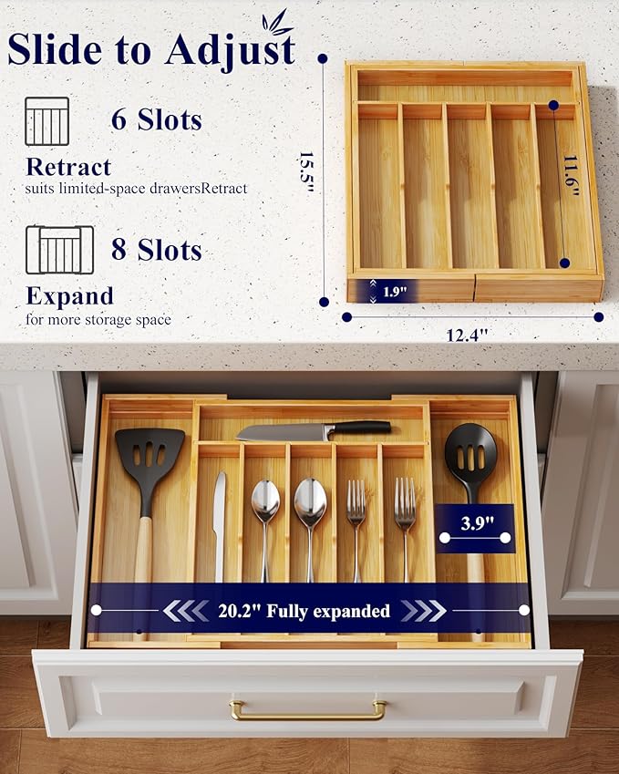 Kitsure Silverware Organizer - Expandable Bamboo Kitchen Drawer Organizer for Cooking Utensils and Cutlery