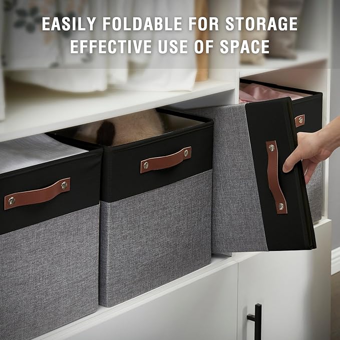 Bagnizer Collapsible Fabric Storage Cube Bins with 2 Reinforced PU Handles, Foldable Storage Organizer Baskets for Closet, Shelves, Living Room | 11"x11"x11", 4 Pack, Black & Gray