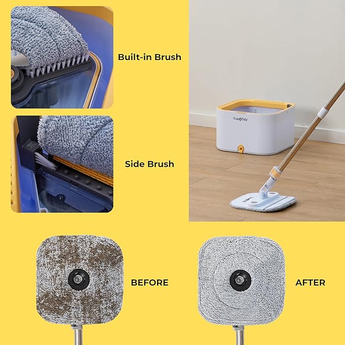 True & Tidy® TrueClean Spin Mop 2.0 w/Detachable Inner Bucket, Self Standing, Separates Clean and Dirty Water, Foldable Square Mop Head, Triple Jet Stream w/Hidden Brush, Replaceable 2pc Pads