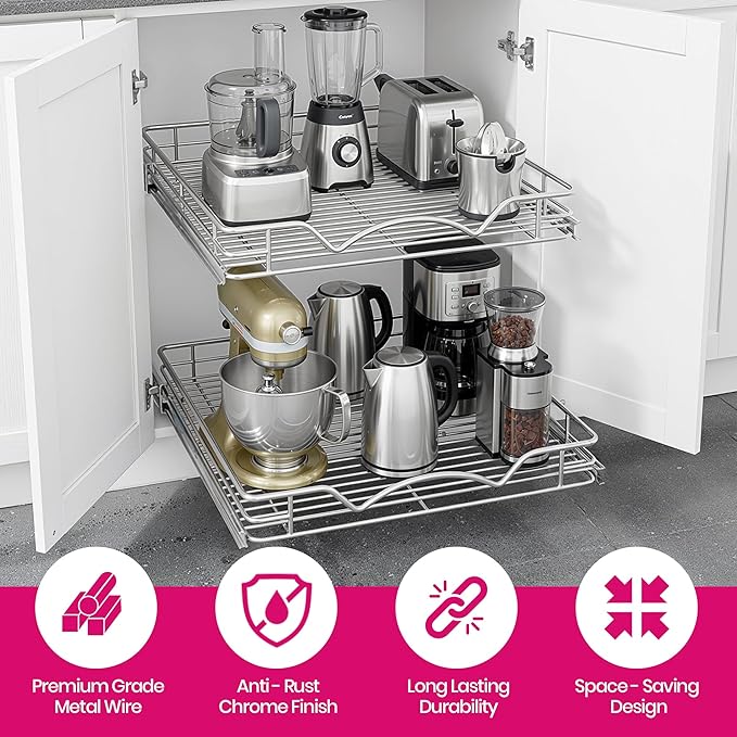 2-Tier Pull-Out Cabinet Organizer with Heavy-Duty Steel Frame, Full-Extension Sliding Shelves, Holds 100 lbs, Easy Install for Kitchen
