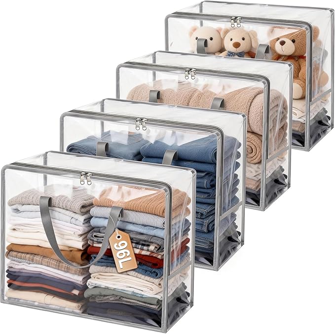 Clear Clothes Storage Bags, 96L Plastic Blanket Comforter Storage Bag, 4 Pack Vinyl Moving Bags,Closet Organizers and Containers for Bedding,Duvet,Toys,Seasonal Clothing,24” Christmas Wreaths,Grey