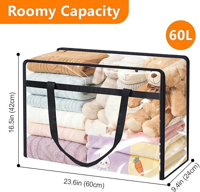 8 Pack Clear Clothes Storage Bags, Vinyl Blanket Storage Containers with Heavy Duty Zipper, Foldable Moving Bags, Closet Organizers for Bedding, Clothing, Comforters, Linens, Duvet (60L)