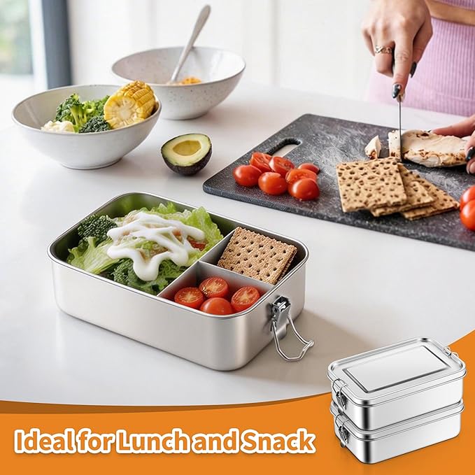 TeamFar 2 Pack Stainless Steel Bento Box, 81oz Metal Lunch Box with 3 Compartments for Adults/Kids, Lunch Food Containers for School/Work/Meal Prep, Leak-Proof & Dishwasher Safe, 2400ML