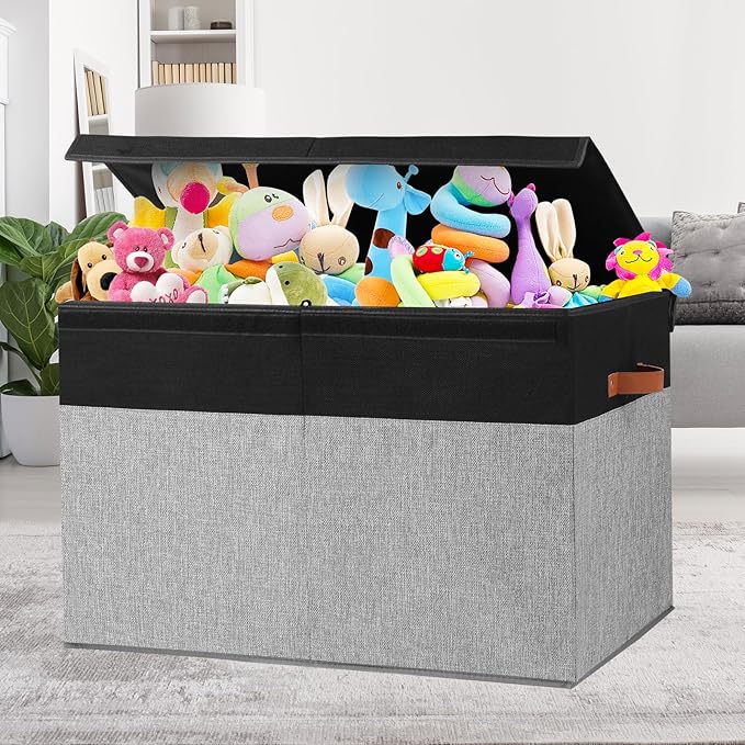 Gowee Large Toy Storage Box with Lid, Sturdy Toys Storage Chest Bin Organizer Basket with Dividers for Kids, Boys, Girls, Nursery, Closet, Bedroom, Playroom 26"x17" x17" (Black and Grey)