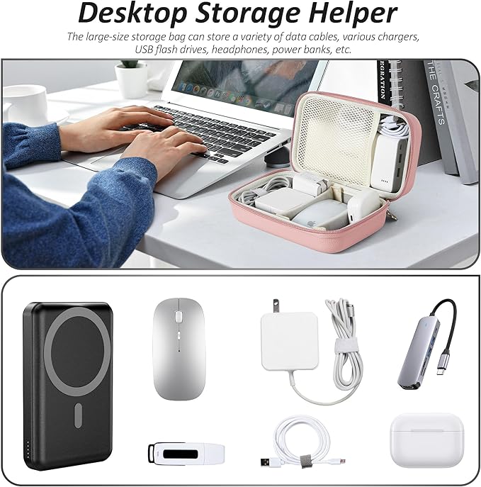 Charger Case for Macbook, Portable Tech Electronic Organizer Bag,Travel Storage Pouch for Laptop Accessories, MacBook Power Adapter, Charging Cords, USB Drives, Power Bank (Pink, XL)