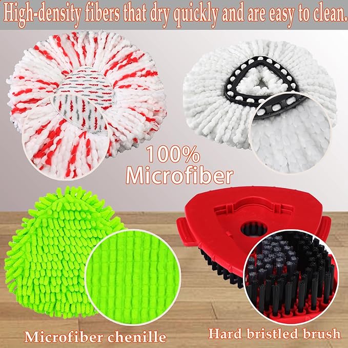 Mop Heads Replacement Handle Set for Ocedar Spin Mops EasyWring 1-Tank System, Includes 2 Microfiber Refills, 1 Chenille Head, 4-Section Iron 30-58" Mop Handle, 1 Scrub Brush, 1 Spin Base for O-Cedar