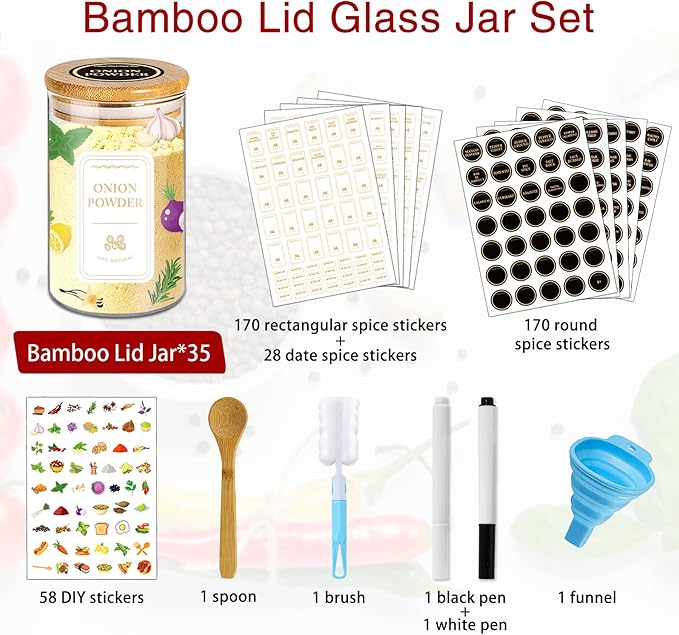 BGraceyy Spice Jars with Labels, 35 Pcs 4 oz Glass Spice Jars with Bamboo Lids