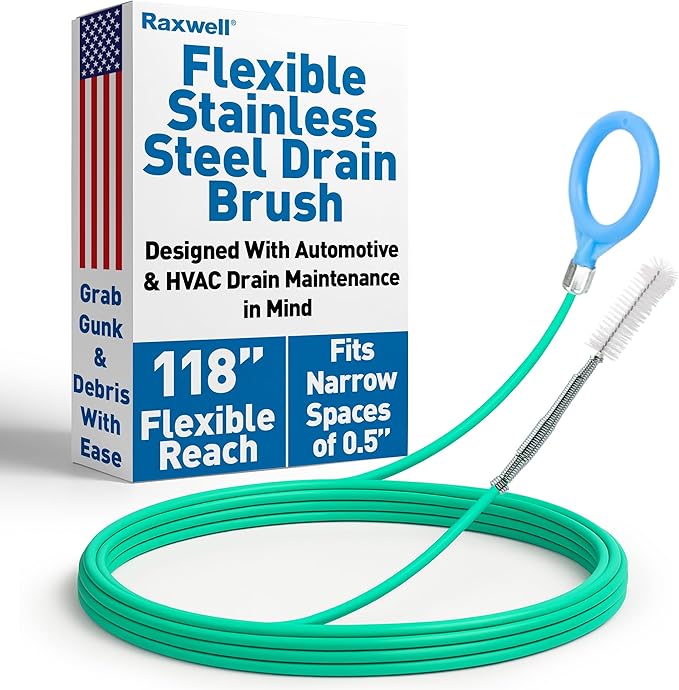 Raxwell Auto Sunroof Drain Cleaning Tool - 118 Inch Flexible Drain Brush with Coated Wire, Firm Bristle and Loop Handle - Water Snake for AC Lines
