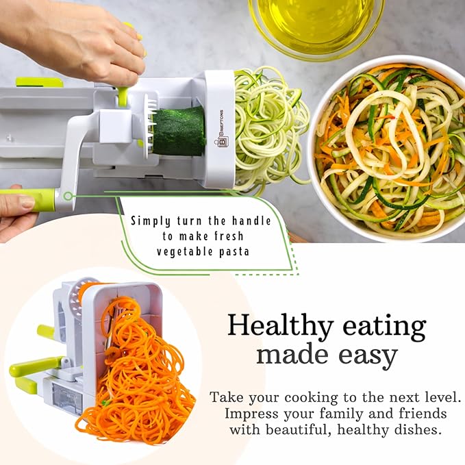 Brieftons QuickFold 5-Blade Spiralizer: Versatile & Compact Foldable Vegetable Spiral Slicer, Best Veggie Pasta Spaghetti Maker for Low Carb/Paleo/Gluten-Free with Brush & 4 Recipe Ebooks