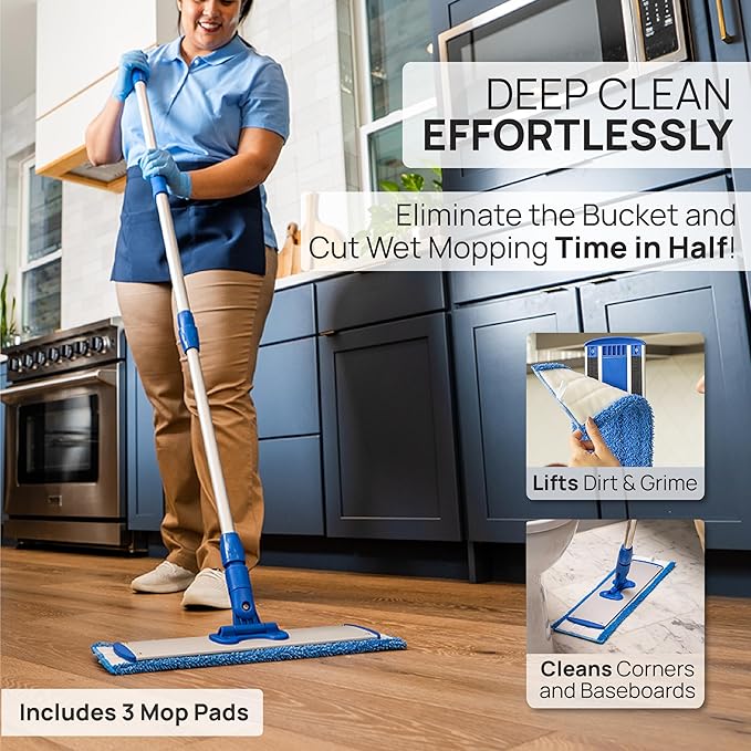 18” Pro Microfiber Hardwood Floor Mop - Cleans Floor in Seconds | Dust & Wet Mopping | Hardwood, Tile, Laminate & Vinyl with 3 Washable Pads, No Buckets Needed with Deluxe Household Mop