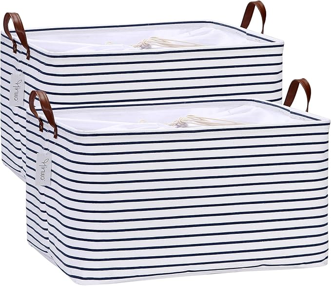 70L Extra Large Storage Bins, 2-Pack Closet Organizers and Storage, Navy Stripe