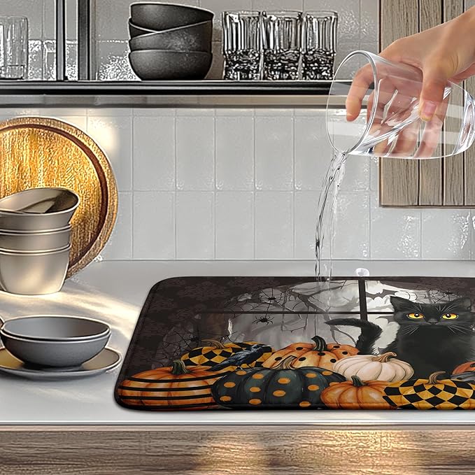 Halloween Black Cat Dish Drying Mat Fall Halloween Pumpkins Large Kitchen Mats Dish Drying Pad Absorbent Dish Dryer Mat for Kitchen Countertops Microfiber Drainer Pad Dish Drying Mats (18x24 in)