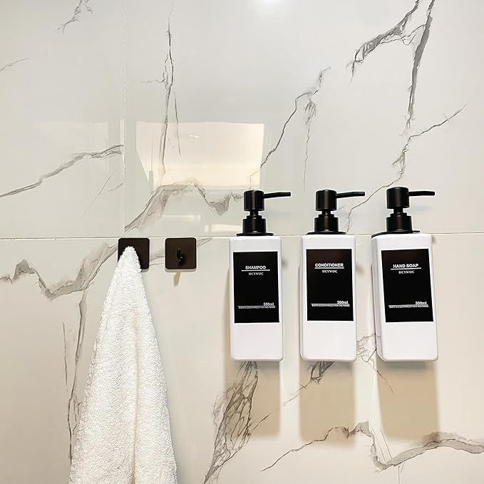 Shampoo Dispenser for Shower Wall, Shampoo and Conditioner Dispenser with 16 Waterproof Labels, No Drill Shower Soap Dispenser Bathroom, Shower Soap Dispenser Wall Mounted 3 Chamber, 17oz,White