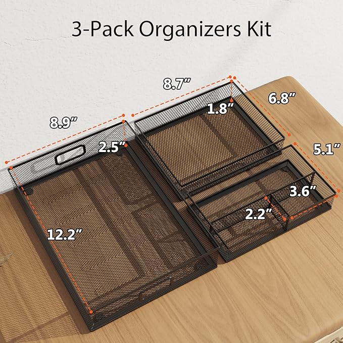 Desk Drawer Organizer Set, 3 Pcs Metal Mesh Office Drawer Organizers, Paper Organizer Letter Tray for Desk, Junk Drawer Organizer for Office, Kitchen, Makeup, Vanity