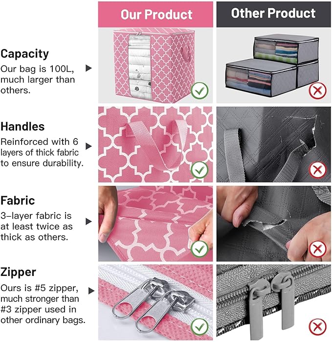 Storage Bags 3 Pack/100L Large Blanket Clothes Organization and Storage, Pink