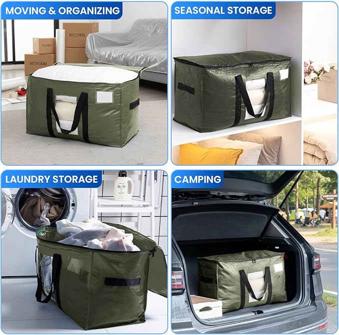 4 Pack Green Extra Large Storage Bags, Heavy Duty Totes with Visible Window