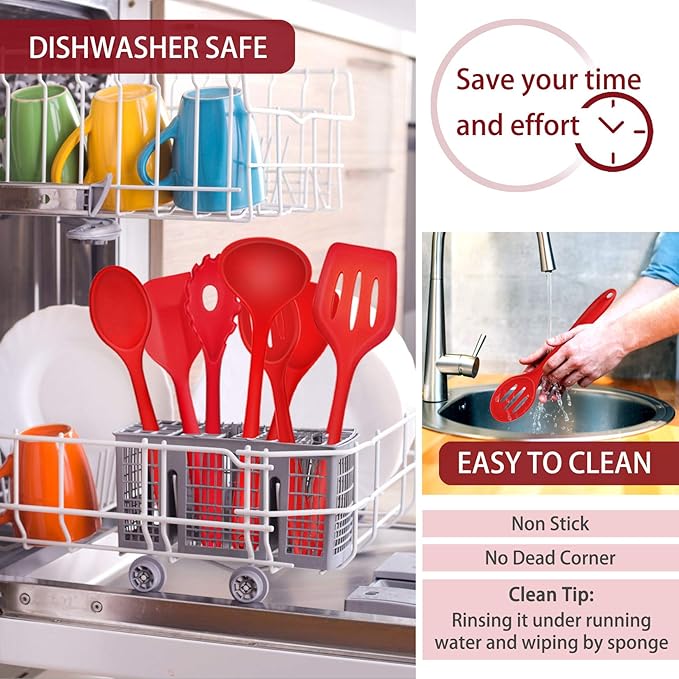 P&P CHEF Silicone Cooking Utensils Set of 7, Heat-proof Kitchen Utensils Set for Nonstick Cookware, Non-stick Spatula, Slotted Turner, Soup Ladle, Pasta Server, Spoon for Cooking Serving - Red