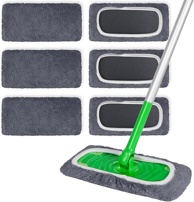 6 Pack Reusable Microfiber Mop Pads Compatible with Swiffer Sweeper Mop, Dry Sweeping Cloths & Wet Mopping Cloths, Washable Wet Pads Refill for Hardwood Surface Floor Cleaning