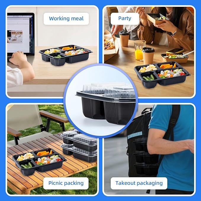 YANGRUI Meal Prep Container with Lid 40 Pack 34 oz - Reusable 4 Compartment Quad Seal Leak Defense Food Containers | BPA Free Flexible PP Plastic | Shrink Wrap Microwave & Dishwasher Safe Takeout Box