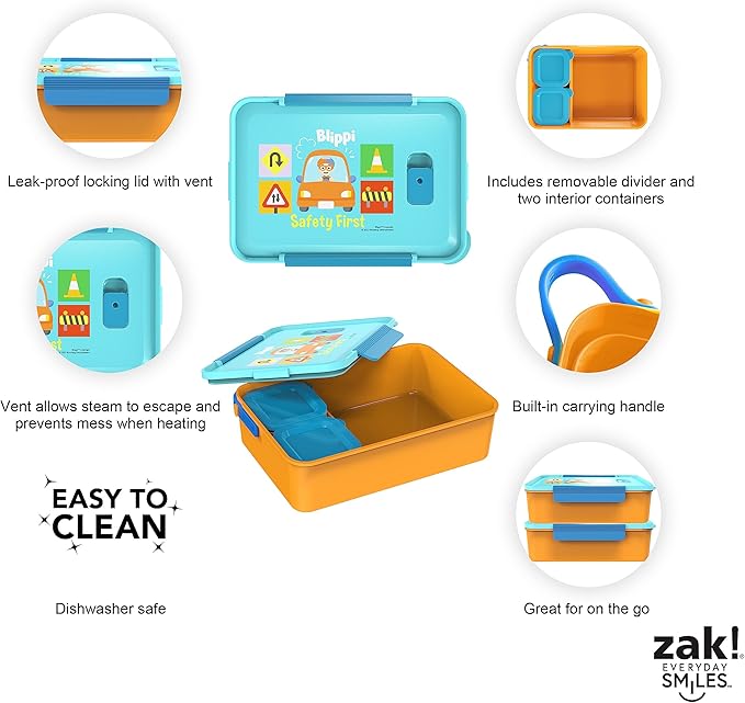 Zak Designs Blippi Reusable Plastic Bento Box with Leak-Proof Seal, Carrying Handle, Microwave Steam Vent, and Individual Containers for Kids' Packed Lunch (3-Piece Set)