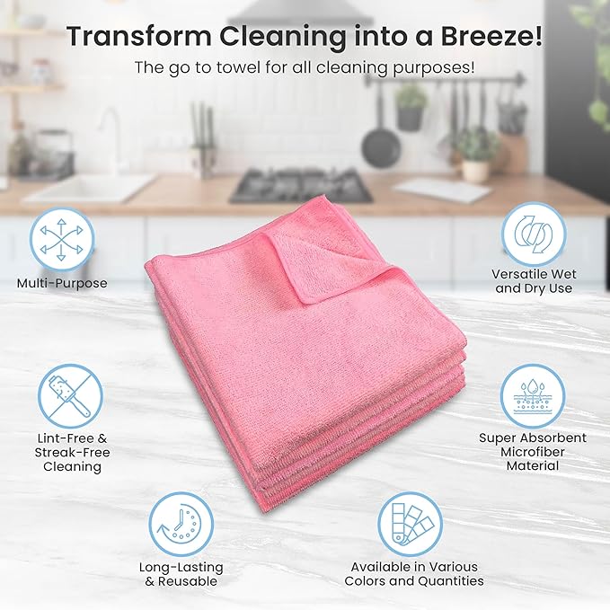 A&A Wiping Cloth- Microfiber Cleaning Towel, Super Absorbent Pink Microfiber Towels, Perfect for House, Cars, Windows, Gym and Office, Pink Microfiber 16x16 Towels, Pack of 12 Pieces
