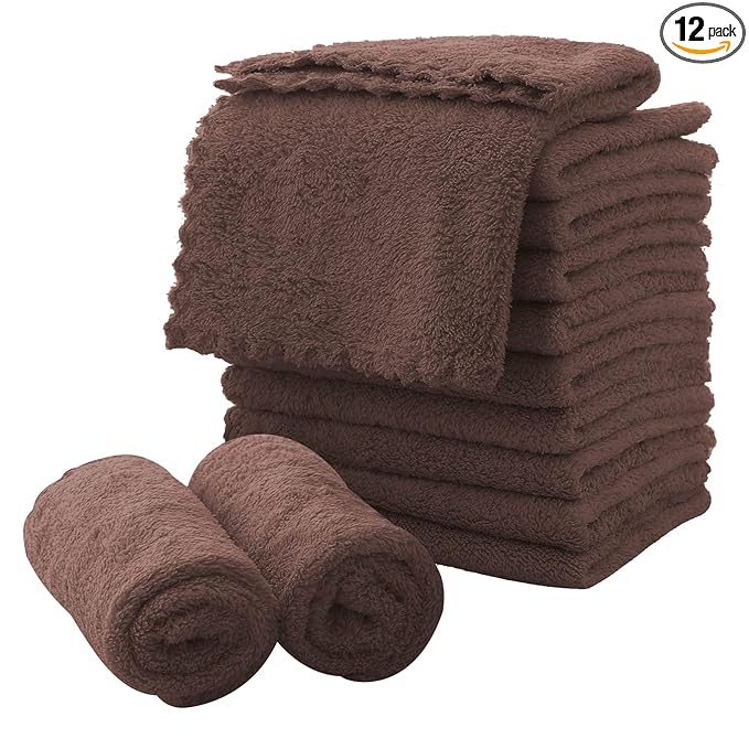 MOONQUEEN Microfiber Facial Cloths Fast Drying Washcloth 12 Pack - Premium Soft Makeup Remover Cloths - Wood Brown