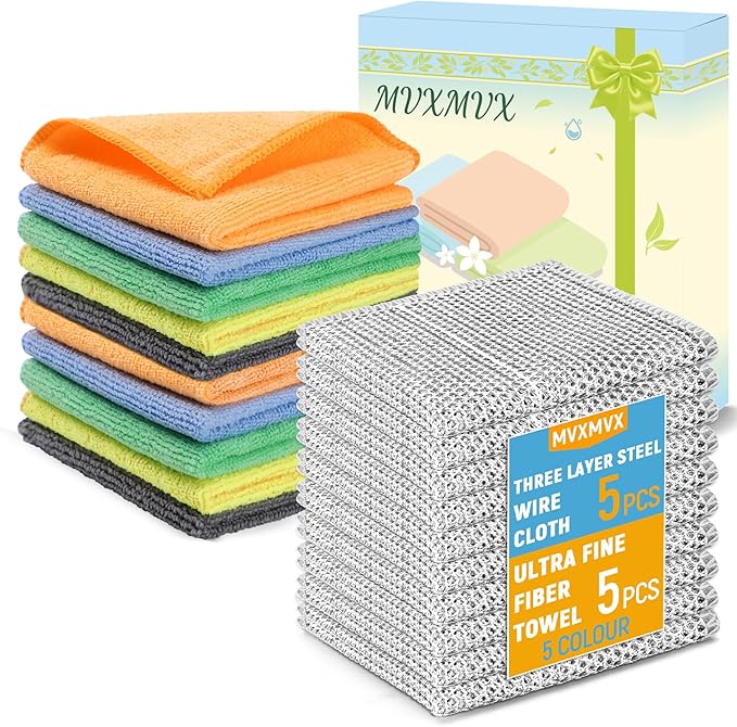 Non Scratch Wire Dishcloth and Microfiber Cleaning Cloth 10pcs-Multipurpose Wire Dishwashing Rags Wire Mesh Cleaning Cloth,Kitchen Towels and Dishcloths Sets for Cleaning Pans Sinks & Cookware (10)