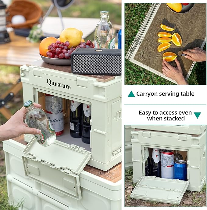Collapsible Storage Bins with Lockable Doors & Removable Cutting Board, 60L Foldable Stackable Heavy-Duty Box for Camping, Picnic, Closet, Garage