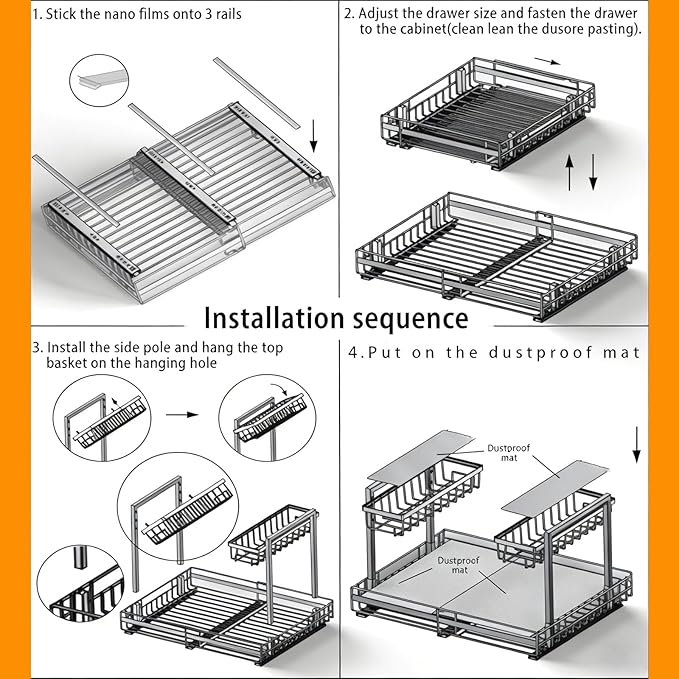 Under Sink Organizer, 1 Pack 2-Tier Expandable Pull Out Storage with Ball-Bearing Slides, Height Adjustable for Kitchen Bathroom Cabinet, Black