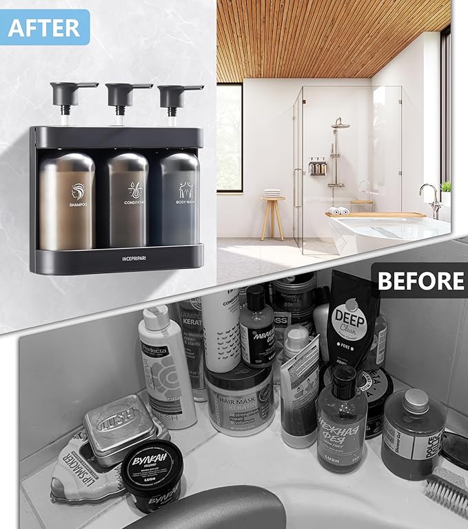 Shampoo Dispense for Shower, Shower Soap Dispenser Wall Mounted, Shower Dispenser 3 Chamber No Drill, Shampoo and Conditioner Dispenser for Bathroom Hotel, Shower Shampoo Dispenser 3 Chamber, Black