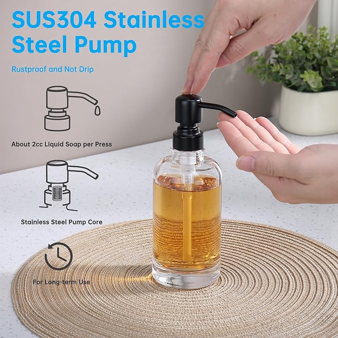 Bathroom Soap Dispenser Black, 11 oz Glass Cylindrical Bottles with Stainless Steel Pump Liquid Hand Soap Dispenser Kitchen
