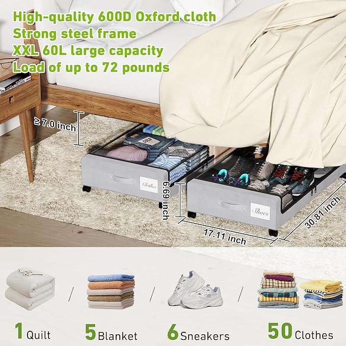 YAASHEEN Under Bed Storage with Wheels, 2-Pack Under the Bed Storage Containers with Clear Lids & Label, Underbed Storage Bins
