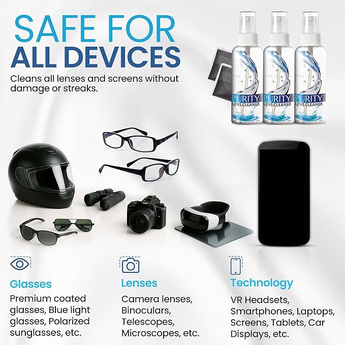 Purity Eyeglass Lens Cleaner Kit - 3 x 2oz Travel Size Lens Cleaner Spray Bottle + 2 Microfiber Cleaning Cloths - Safe for All Lenses (AR Coated Included), Eyeglasses and Screens - Clear